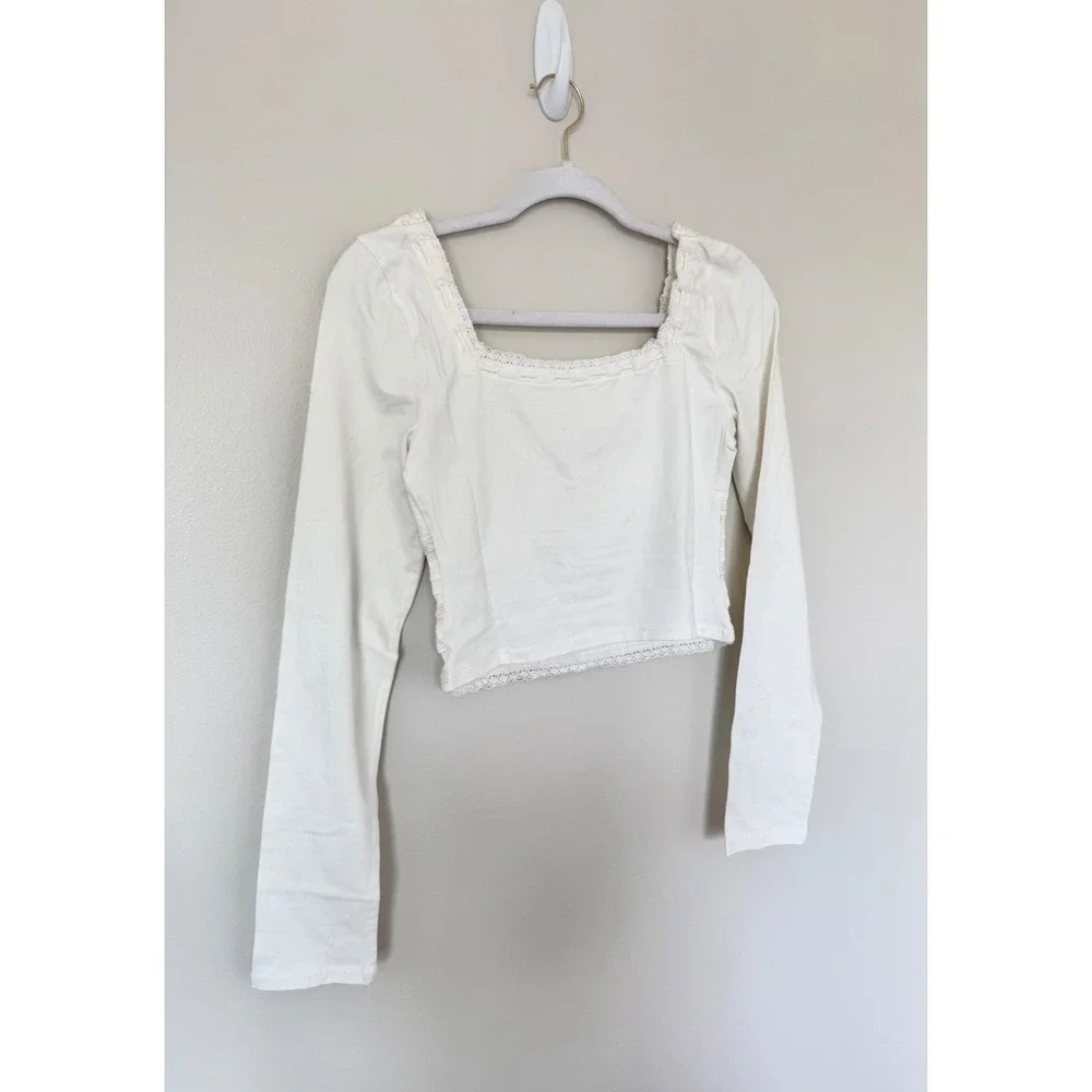 Free People Ivory Lace Trim Square Neck Scarlet Smocked Crop Top Size Small‎ NEW